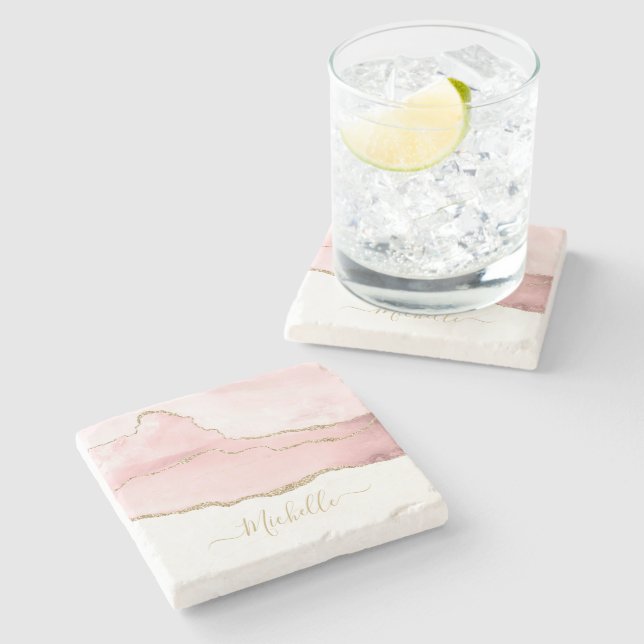 Dessous-de-verre En Pierre écriture stylisée or et blush agate (Côté)