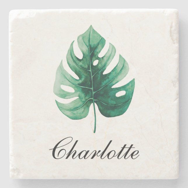 Dessous-de-verre En Pierre Elégance moderne Aquarelle Vert Monstera Plante (Devant)