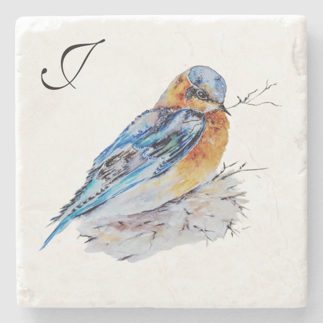 Dessous-de-verre En Pierre Elégant aquarelle bleu monogramme de merle (Devant)