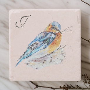 Dessous-de-verre En Pierre Elégant aquarelle bleu monogramme de merle