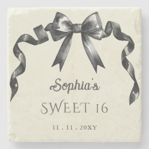 Dessous-de-verre En Pierre Elégant Aquarelle Coquette Black Bow Sweet 16