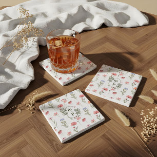 Dessous-de-verre En Pierre Élégant aquarelle Fleur sauvage floral Monogramme