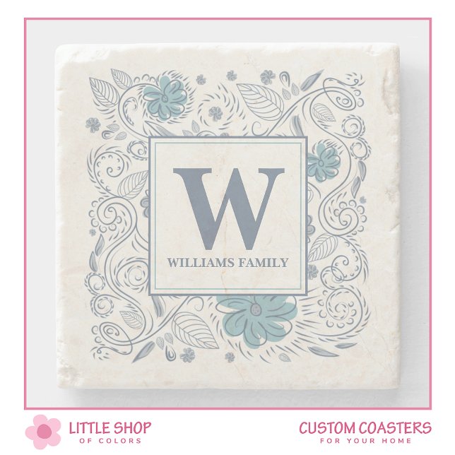 Dessous-de-verre En Pierre Élégant bleu gris floral Monogramme (Créateur téléchargé)