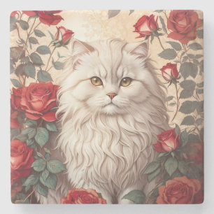 Dessous-de-verre En Pierre Élégant Chat Perse Vintage Avec Rose