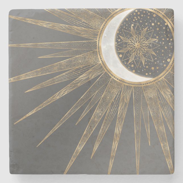 Dessous-de-verre En Pierre Elegant Gold Doodles Sun Moon Mandala Design (Devant)
