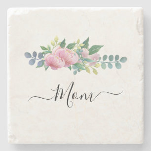 Dessous-de-verre En Pierre Élégant Moderne Botanique Vert Pink Flower Maman