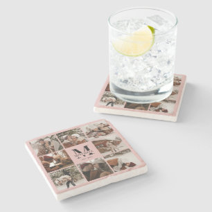 Dessous-de-verre En Pierre Élégant Monogramme rose Nom de famille initial et