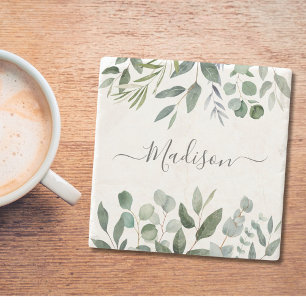 Dessous-de-verre En Pierre Élégant Monogramme Vert Eucalyptus Feuilles tropic