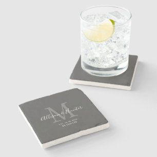 Dessous-de-verre En Pierre Élégant Nouveau-Mariés Établi Monogramme Nom Gris