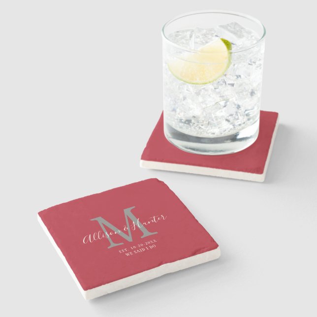 Dessous-de-verre En Pierre Élégant Nouveau-Mariés Établi Monogramme Nom Rouge (Côté)