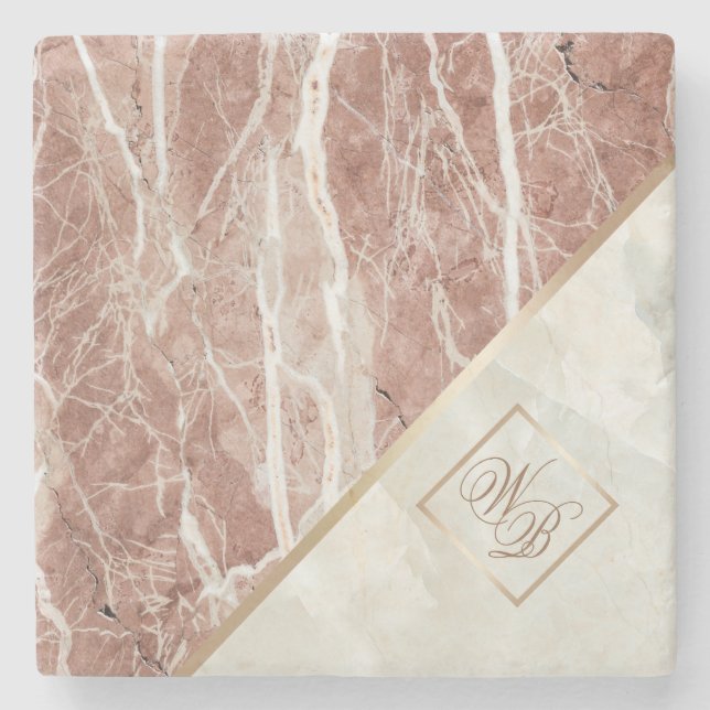 Dessous-de-verre En Pierre Élégant or Rose | Monogramme Marbre blanc (Devant)