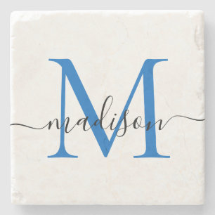 Dessous-de-verre En Pierre Élégant script monographique personnalisé Navy Blu