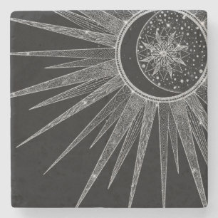Dessous-de-verre En Pierre Elégant Silver Sun Moon Mandala Black Design