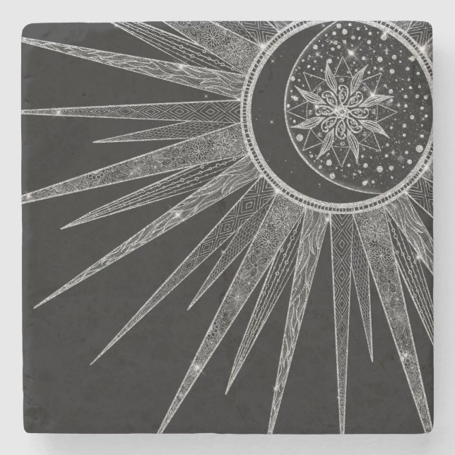 Dessous-de-verre En Pierre Elégant Silver Sun Moon Mandala Black Design (Devant)