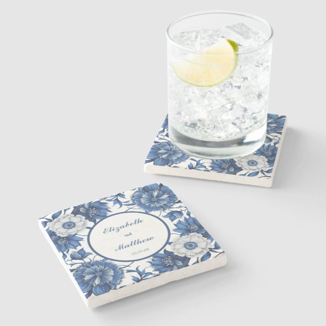 Dessous-de-verre En Pierre Elégante Chinoiserie bleu et blanc Mariage antique (Côté)