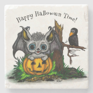 Dessous-de-verre En Pierre En attente d'Halloween, Bat mignonne et Corbeau