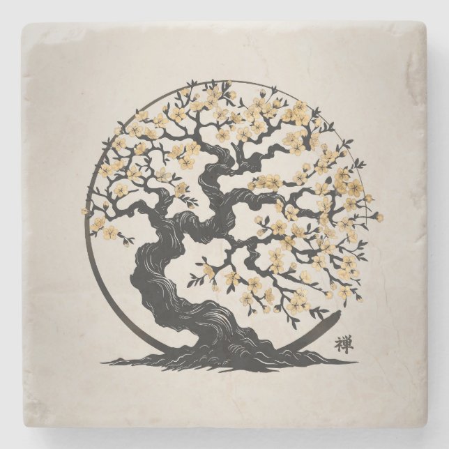 Dessous-de-verre En Pierre Enso Zen Cercle Sakura arbre (Devant)