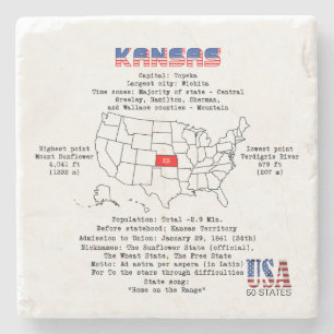 Dessous-de-verre En Pierre État américain du Kansas sur une carte et des info