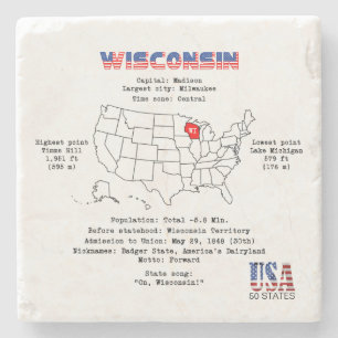 Dessous-de-verre En Pierre État américain du Wisconsin sur une carte et une