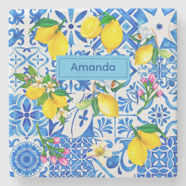 Dessous-de-verre En Pierre Eté majolica bleu Sicilienne agrumes méditerranéen (Devant)