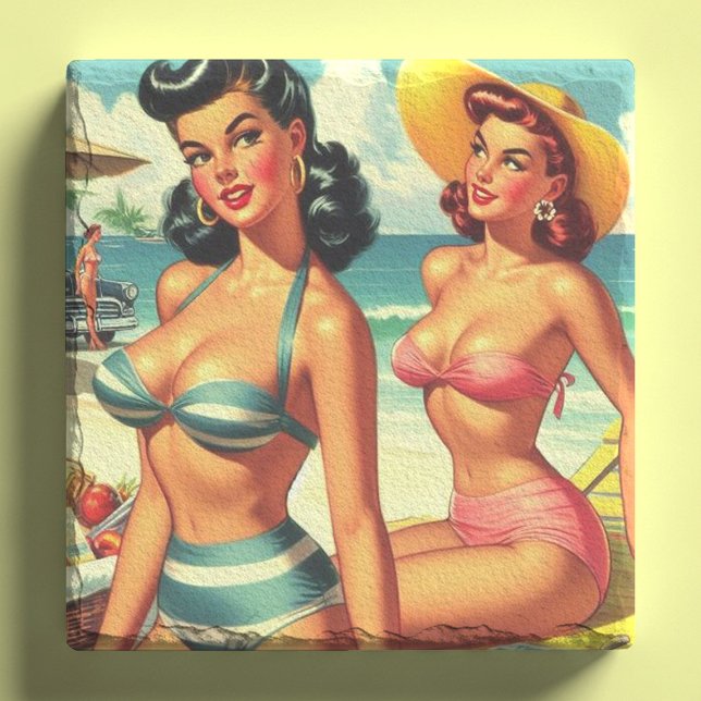 Dessous-de-verre En Pierre Été vintage Plage Pin Ups (Créateur téléchargé)