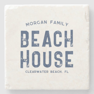 Dessous-de-verre En Pierre Family Beach House Nom personnalisé White Navy Blu