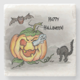 Dessous-de-verre En Pierre Fantôme, chauve-souris et chat, Bonne Halloween !
