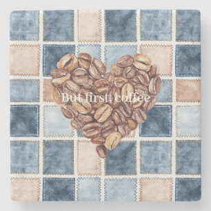 Dessous-de-verre En Pierre Faux Blue Denim Crème Premiers Grains de Café Cœur