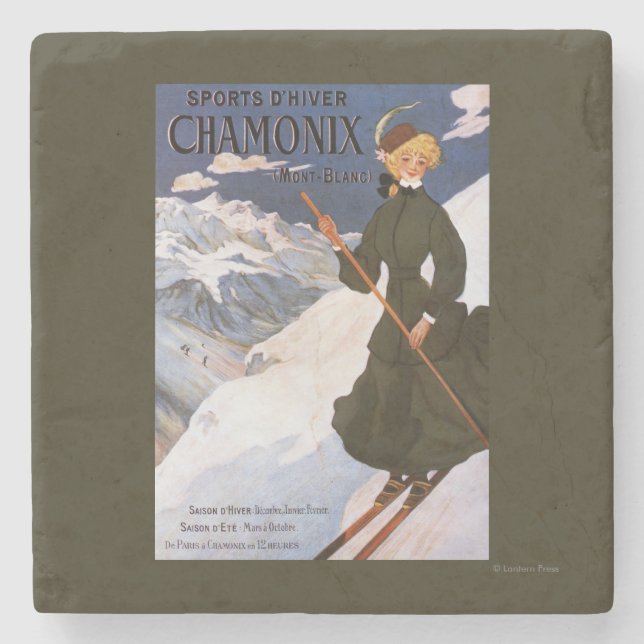 Dessous-de-verre En Pierre Femme en affiche verte de ski (Devant)