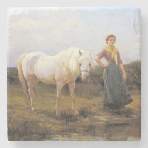 Dessous-de-verre En Pierre Femme rurale prenant un cheval blanc à l'eau
