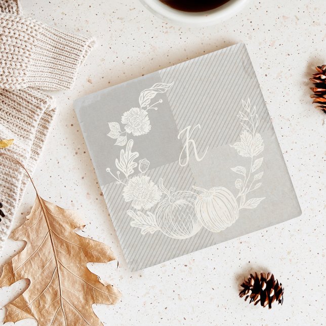 Dessous-de-verre En Pierre Feuillage Automne Fleurs Automnes & Plaid Gris Cit (Fall Foliage Autumn Flowers & Pumpkins Grey Plaid Stone Coaster)