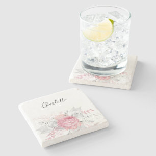 Dessous-de-verre En Pierre Feuillage rose floral argenté nom blanc élégant