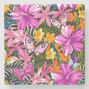 Dessous-de-verre En Pierre Feuille et fleurs tropicaux