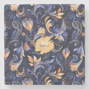 Dessous-de-verre En Pierre Feuilles Abstraits Paisley bleu et or