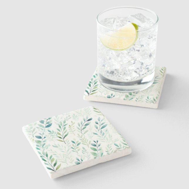 Dessous-de-verre En Pierre Feuilles blancs verts (Côté)