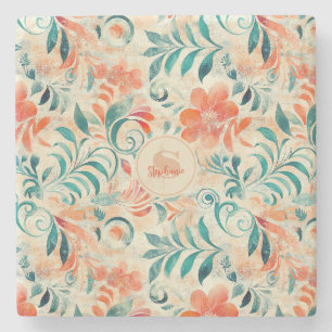 Dessous-de-verre En Pierre Feuilles bleus rustiques et motifs floraux rouge-o