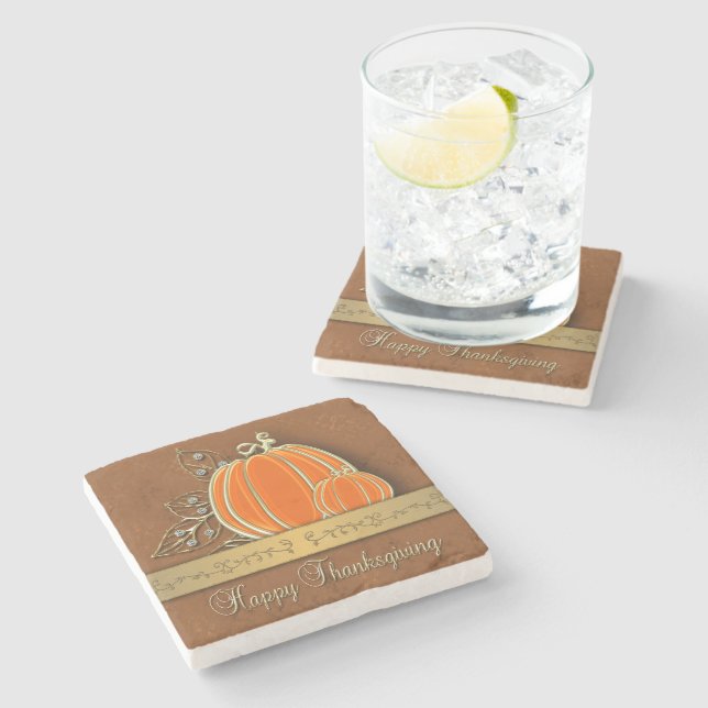Dessous-de-verre En Pierre Feuilles Citrouilles précieux de Thanksgiving Gold (Côté)