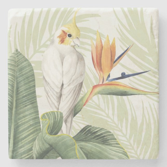 Dessous-de-verre En Pierre Feuilles De Palmiers Avec Oiseau Blanc (Devant)