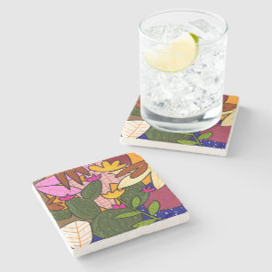 Dessous-de-verre En Pierre Feuilles et fleurs tropicales abstraites 