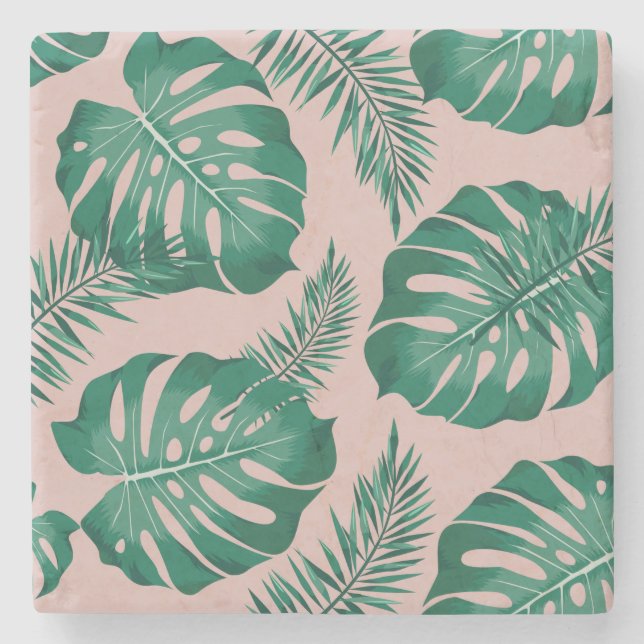 Dessous-de-verre En Pierre Feuilles Pink & Green Palm sans couture Motif (Devant)