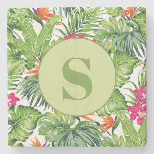 Dessous-de-verre En Pierre Feuilles tropicales vertes monogramme floral rose