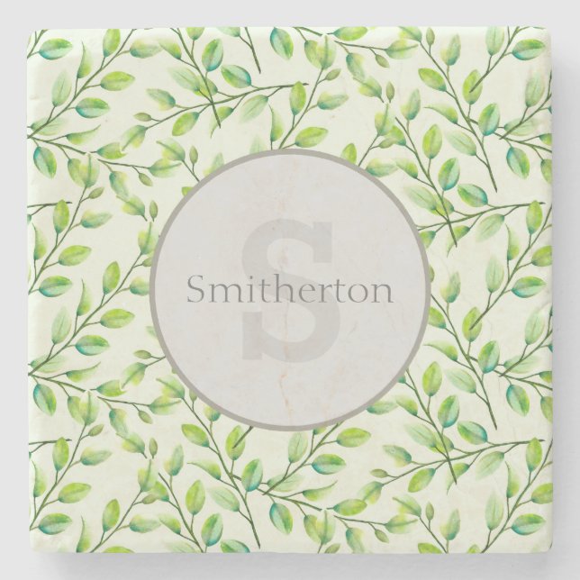 Dessous-de-verre En Pierre Feuilles verts et branches Monogram Stone (Devant)