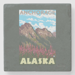 Dessous-de-verre En Pierre Fireweed et montagnes - Anchorage, Alaska