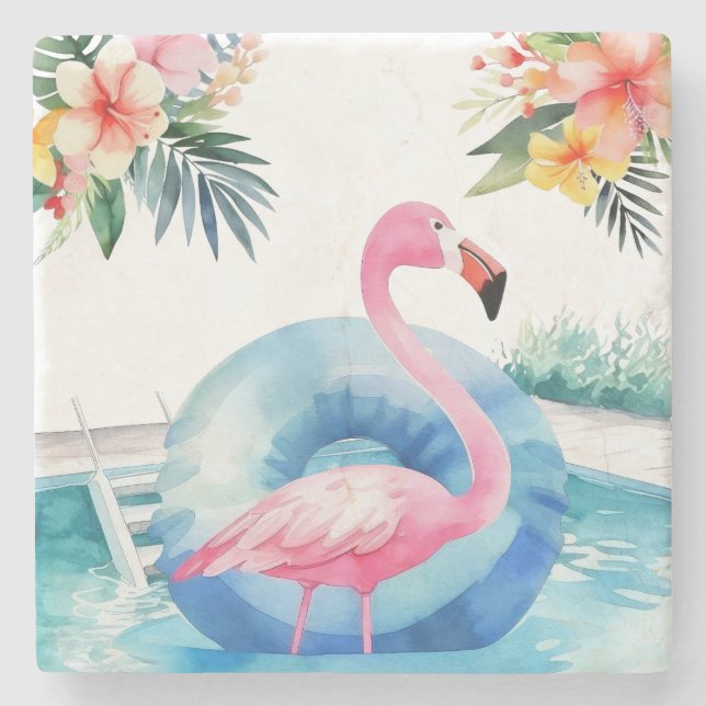 Dessous-de-verre En Pierre Flamant rose de piscine d'été (Devant)