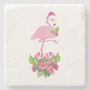Dessous-de-verre En Pierre Flamant rose rose en Santa Hat avec Sucre de canne