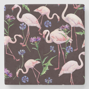 Dessous-de-verre En Pierre Flamants roses et motif de fleurs sauvages à l'aqu
