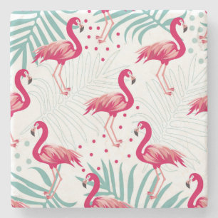 Dessous-de-verre En Pierre Flamingo tropical et feuille, motif d'été.