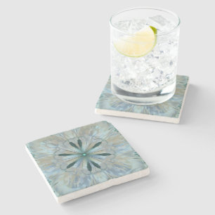 Dessous-de-verre En Pierre Fleur Abstraite Fractée Turquoise Blanc Bleu Gris