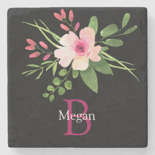 Dessous-de-verre En Pierre Fleur aquarelle, nom et monogramme sur fond noir
