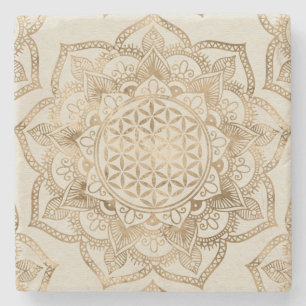 Dessous-de-verre En Pierre Fleur de la vie à Lotus - dorures pastel et toile
